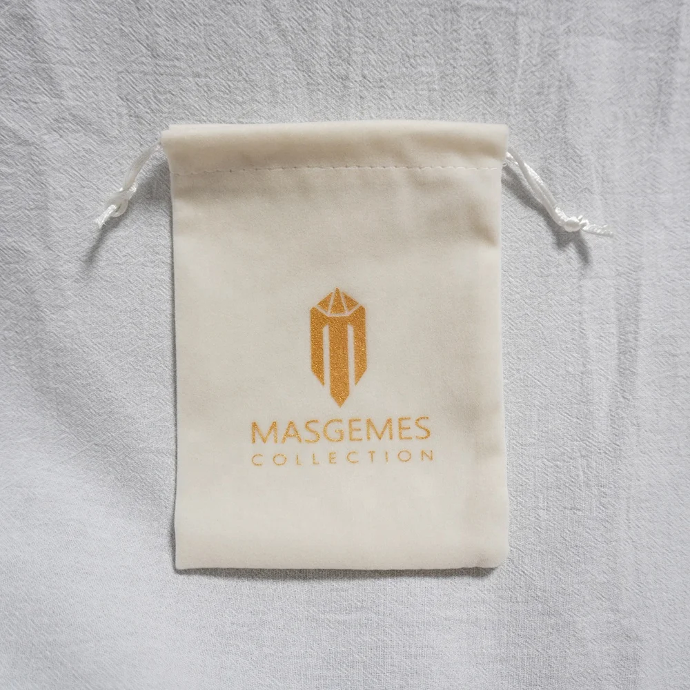 Custom  gold Logo slide White Beige Watch packaging bags Perfume Velvet Jewelry Drawstring Pouch Bag