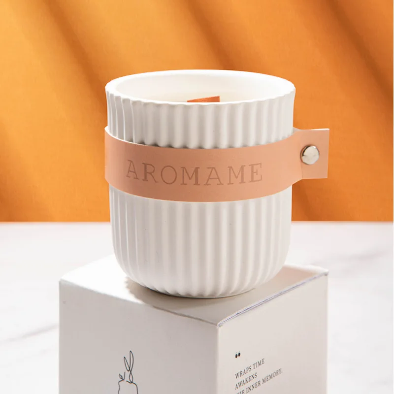 White Wooden Wick Striped Candle Jar Vessel Nordic Design with Custom Leather Handle