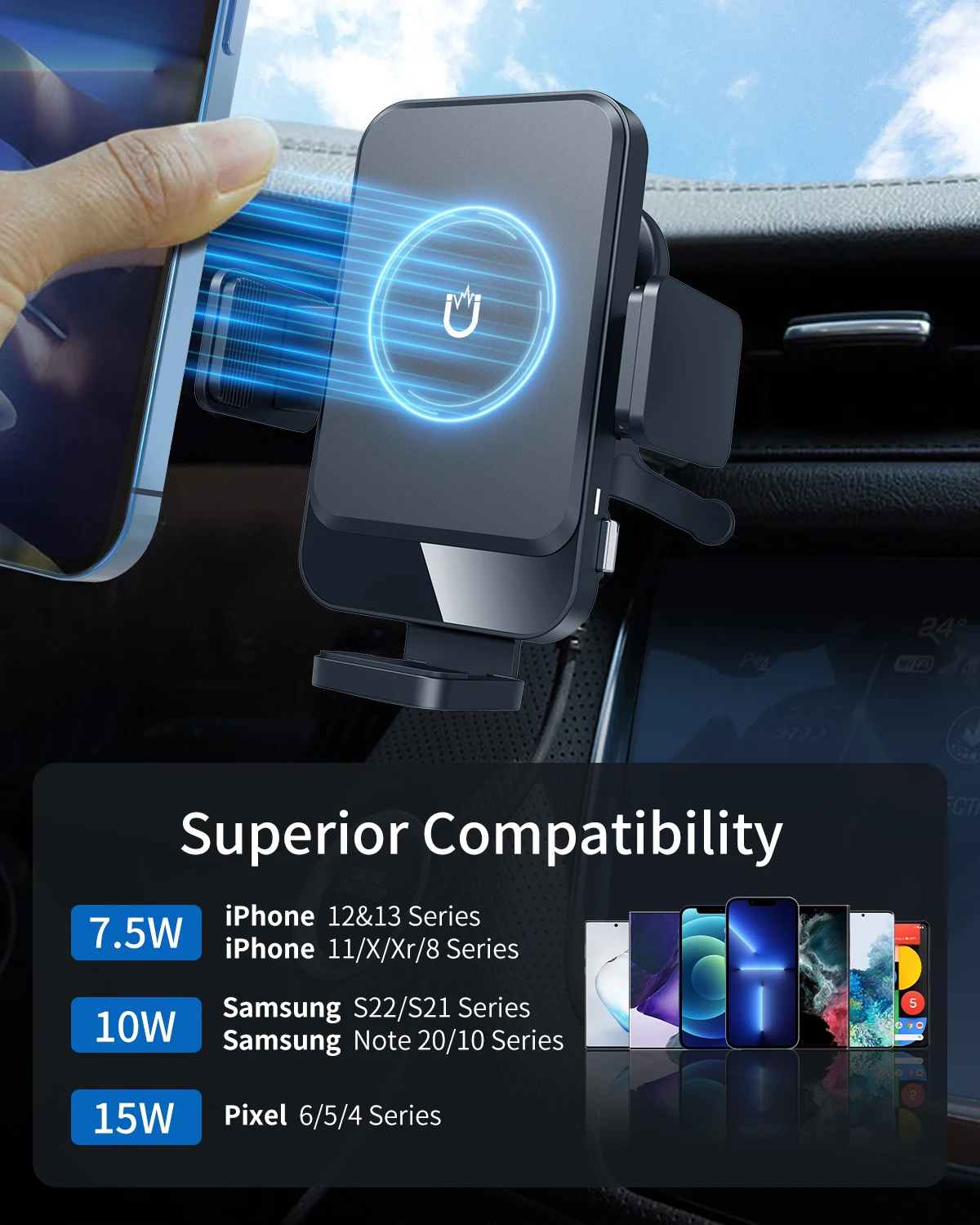 KC PSE Coil Tracking C31 Magsaf Automatic Clamping Wireless Charging Mount Holder For Samsung S23+ Ultra Wireless Car Charger