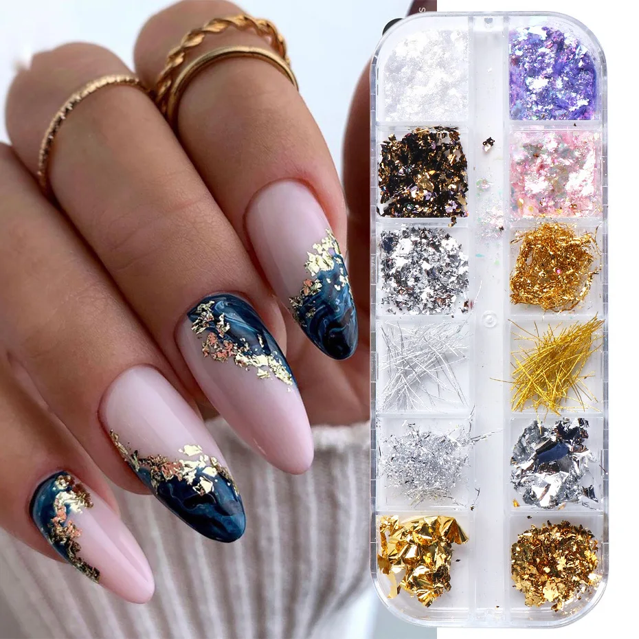 12 Grids/Box Gold Silver Irregular Aluminum Foil fragment Glitter Nail Art Sticker DIY Manicure UV Gel Polish Nail Decoration