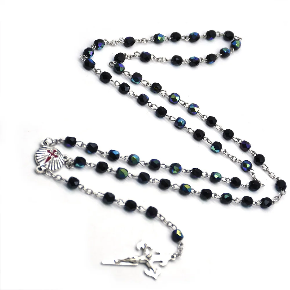 Aquamarine Rosary Necklace San Diego Santiago Shell Red Cross Rosary Prayer Beads Jewelry Colorful Crystal 6mm Necklaces