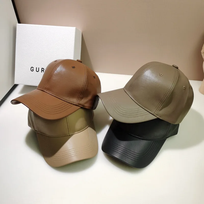 Fashion  Solid color Autumn winter leather cap  Korean version PU leather baseball cap