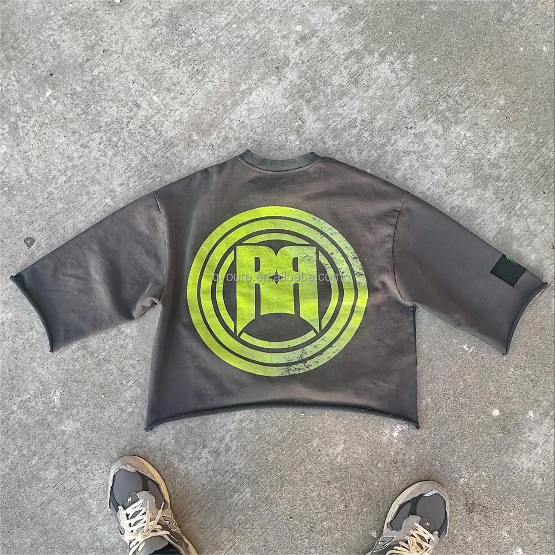 QYOURECLO Custom logo t-shirts Boxy Cropped neck collar oversized thick mens distressed Embroidery patch Tee