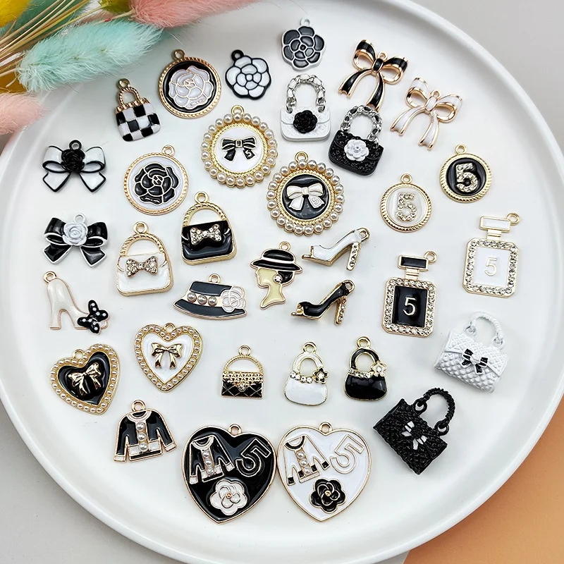 Black suit fashion clothes handbag high heels hat dress suit Charms Connector Enamel Alloy Bracelet Keyring Charms