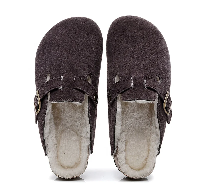 Winter Indoor Outdoor Warm Plush Lined Slip-on Closed-toe Shoes Slippers Faux Fur Lining Cork Clogs