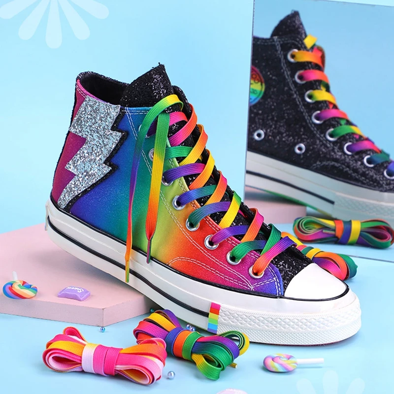 Flat Rainbow Color Shoe Laces Casual Canvas Shoes Colorful Shoelace Print Gradient Sneaker Laces Kids Adult Unisex Shoelaces