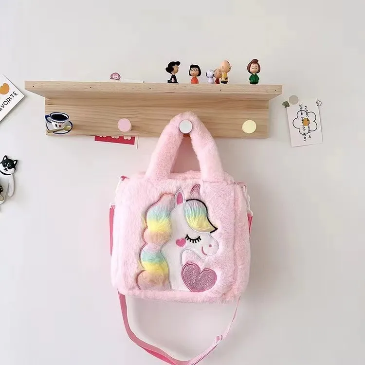 2024 Fashionable Cute Infant Girls Birthday Gift Cartoon Single Shoulder Small Pearls Plush Fur Unicorn Purse Handbag For Kids