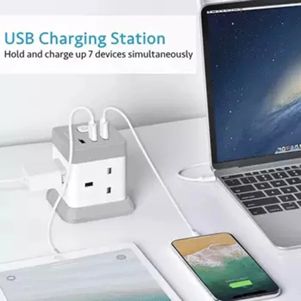 Cube Extension Lead with USB 4 Way Power Strip with 3 USB Ports (5V/2.4A) UK Power Socket with Switch 1.5M Extension Cords