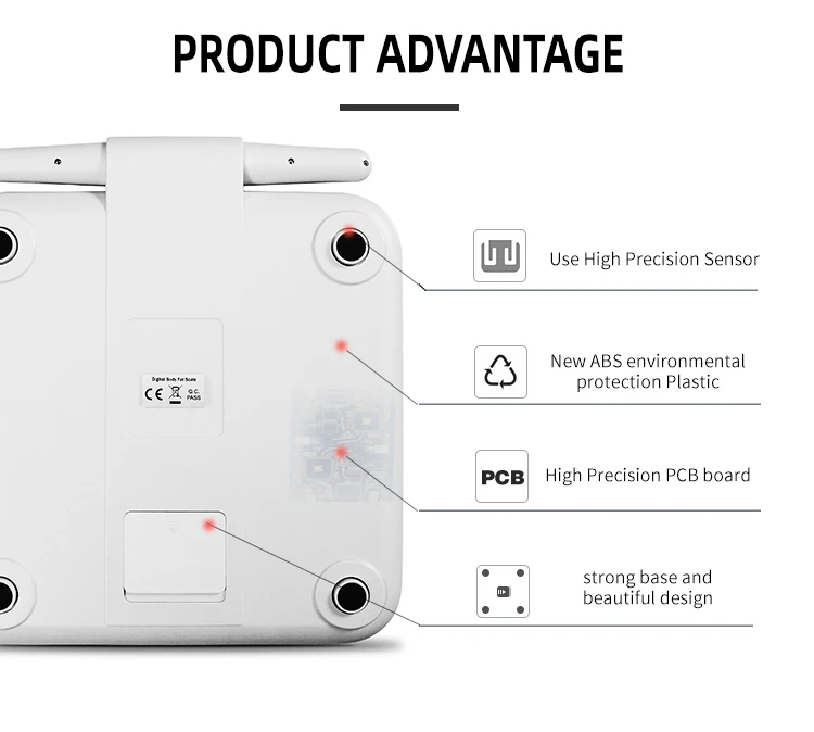 CE ROHS Colorful smart eight electrode ITO Glass top body fat scale with app