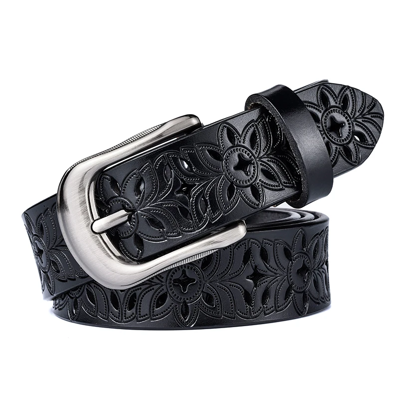 Carve Pattern Genuine Leather Belt For Lady With Alloy Pin Buckle