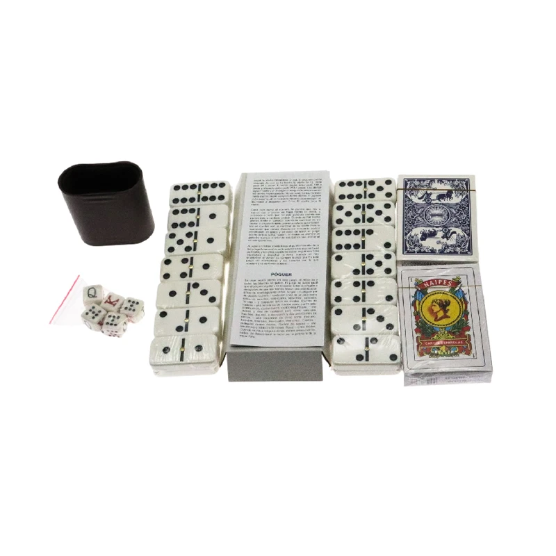 poker deck Spanish deck a domino deck with 28 chips a goblet glass and 5 dice set Mexico