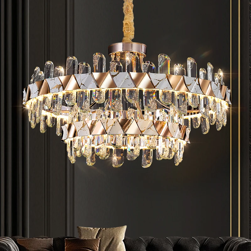 Post-modern Light 2 Layers Luxury Living Room Glass Pendant Light Creative Round Led Crystal Chandeliers For Villa