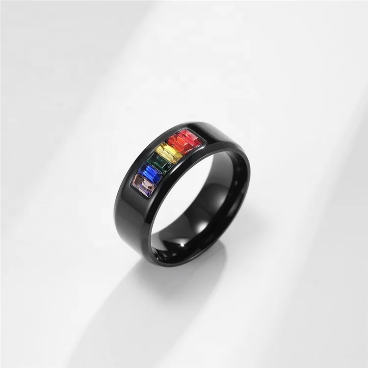 Hot Selling Stainless Steel LGBT Gay Pride Rainbow Stones Ring Gold Plated Lovers Couple Ring