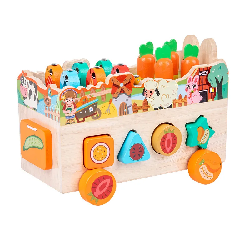 New Montessori Wooden Farm Animal Car Toy Kids Multifunction Shape Matching Fishing Pulling Carrot Educational Toy