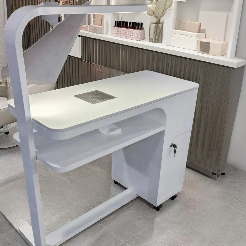 Modern Casual White Manicure Table LED Lights Extended Lockers Vacuum Cleaners Fashionable Nail Salon Equipment Made Plastic