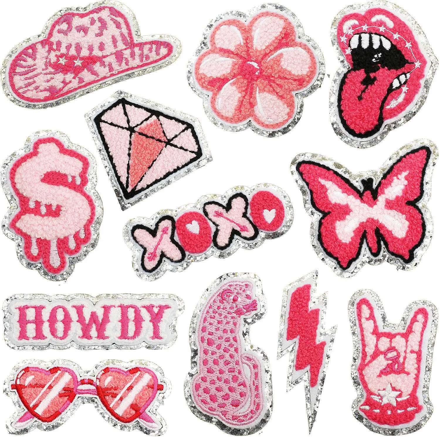 Pink glasses cash Howdy chenille patch cowgirl hat silver glitter iron on patch Trucker hat butterfly patch