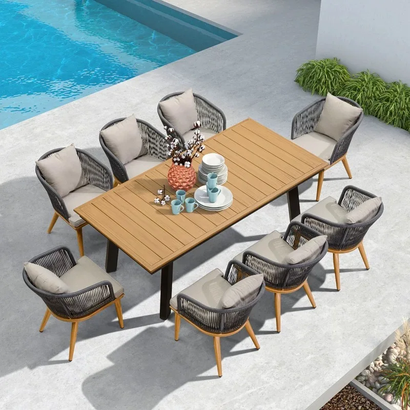 10seat Patio Dining Set Outdoor Furniture  Bench Set PE Rattan Rope Chair Seat Outdoor Furniture Dining Set with Expanding Table