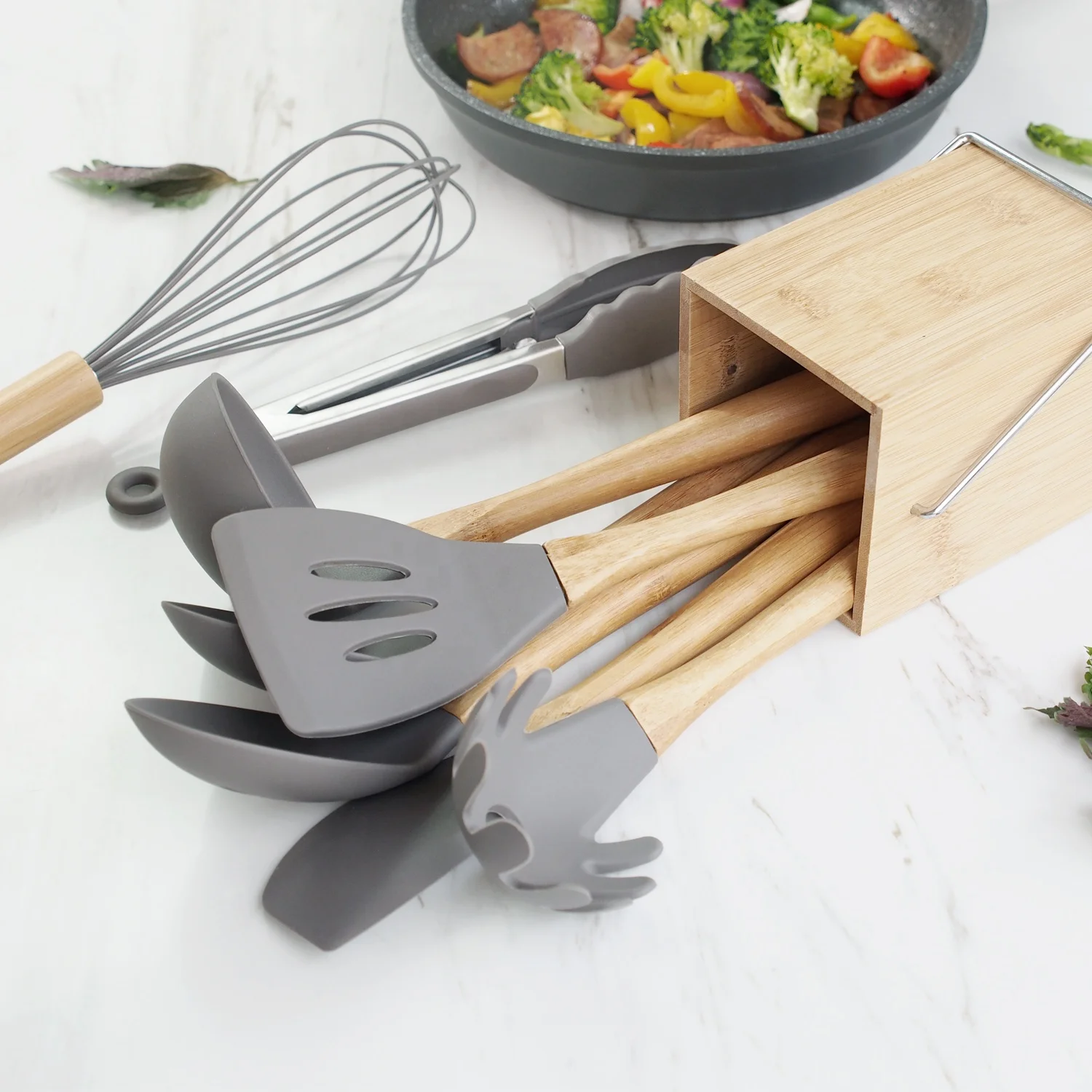 Набор силиконовой посуды из 9 предметов деревянная ручка бамбука для антипригарной с держателем