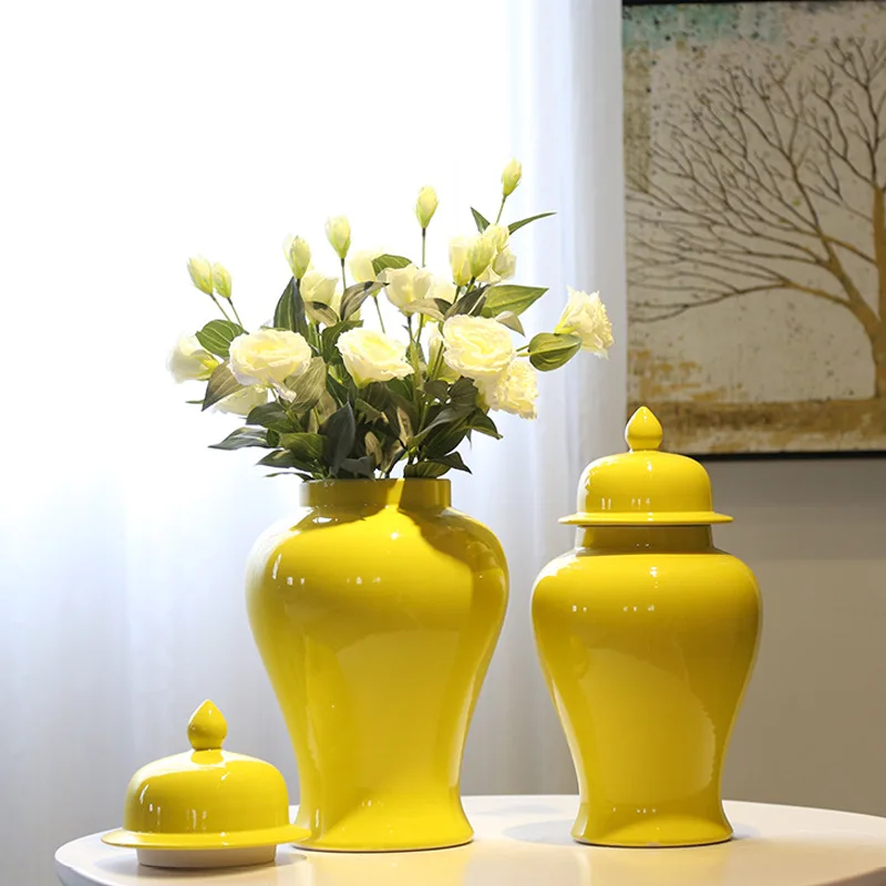 Custom Wholesale Large Yellow Glazed Porcelain Ceramic Ginger Jar Flower Vase for Home Decor