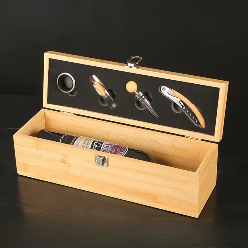 Bamboo Wooden customization pattern LOGO Bamboo Wood Wine Case with Tools Set Wine Storage Box Gift for Wine Lover