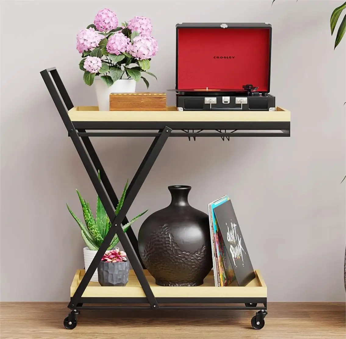 New design Rolling bar cart on wheels with wooden serving tray Collapsible home drink bar cart for kitchen