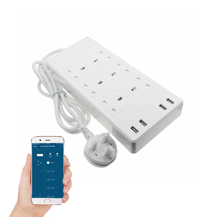 UK Standard Tuya Sub-control 4 USB 6 Outlet Power Strip Surge Protector Extension Socket