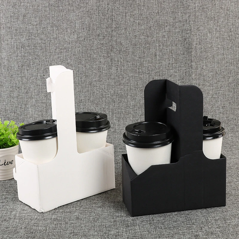 Disposable Kraft Paper Handheld Holder Coffee Milk Tea Takeaway Paper Holder Two  Takeaway Cup Holder Print Logo