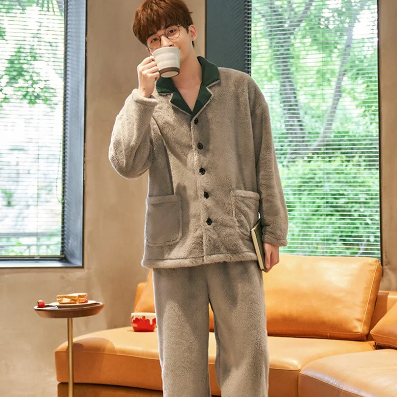 Winter Men Casual Thick Warm Flannel Long Robe Sleepwear Plus Size Loose Nightgown Male Solid Nightwear Homewear Pajama Sets