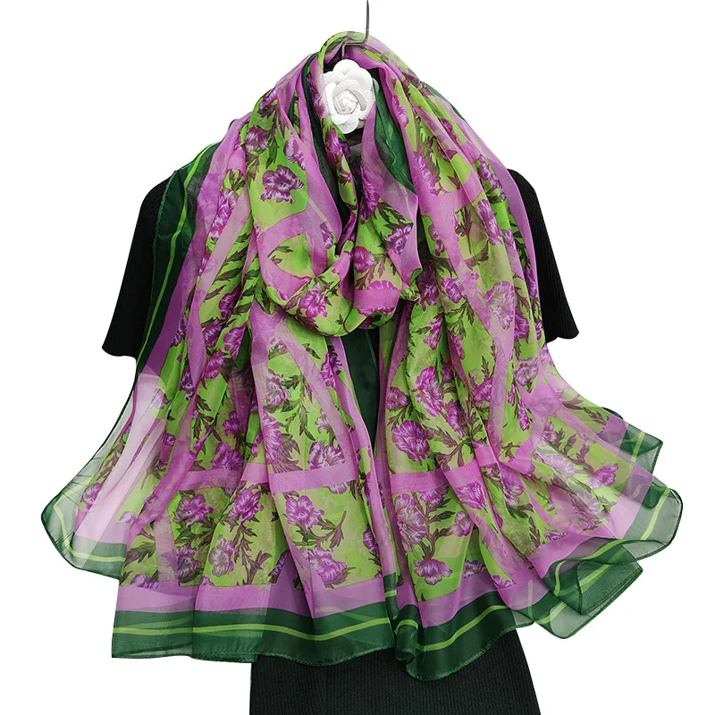 Stylish Wholesale Custom Floral Printing Silk Chiffon Long Scarf High Quality Satin Silk Soft Long Shawl
