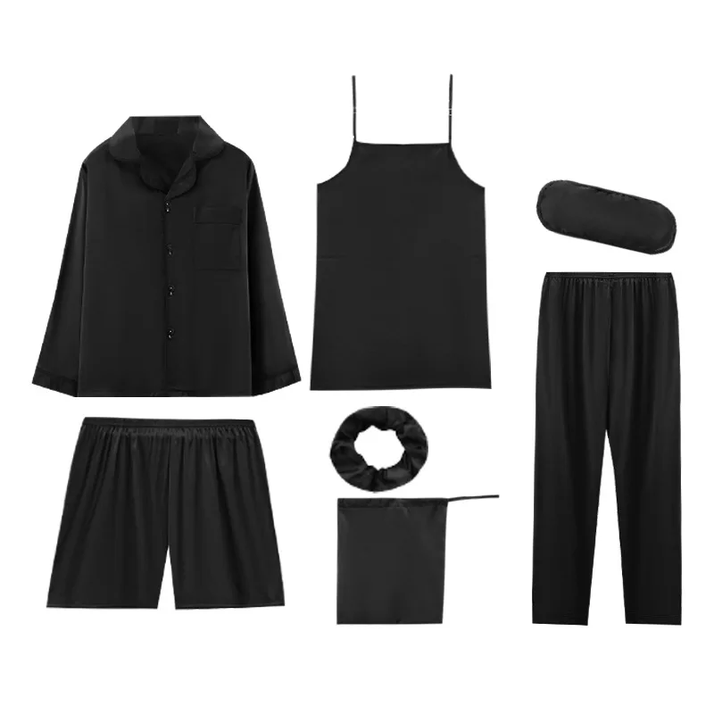 7 Pcs Set Ice Silk Satin Nigh Wear Long Pajamas Sexy Camisole Shorts silk pj sleepwear sets Women for Home wear