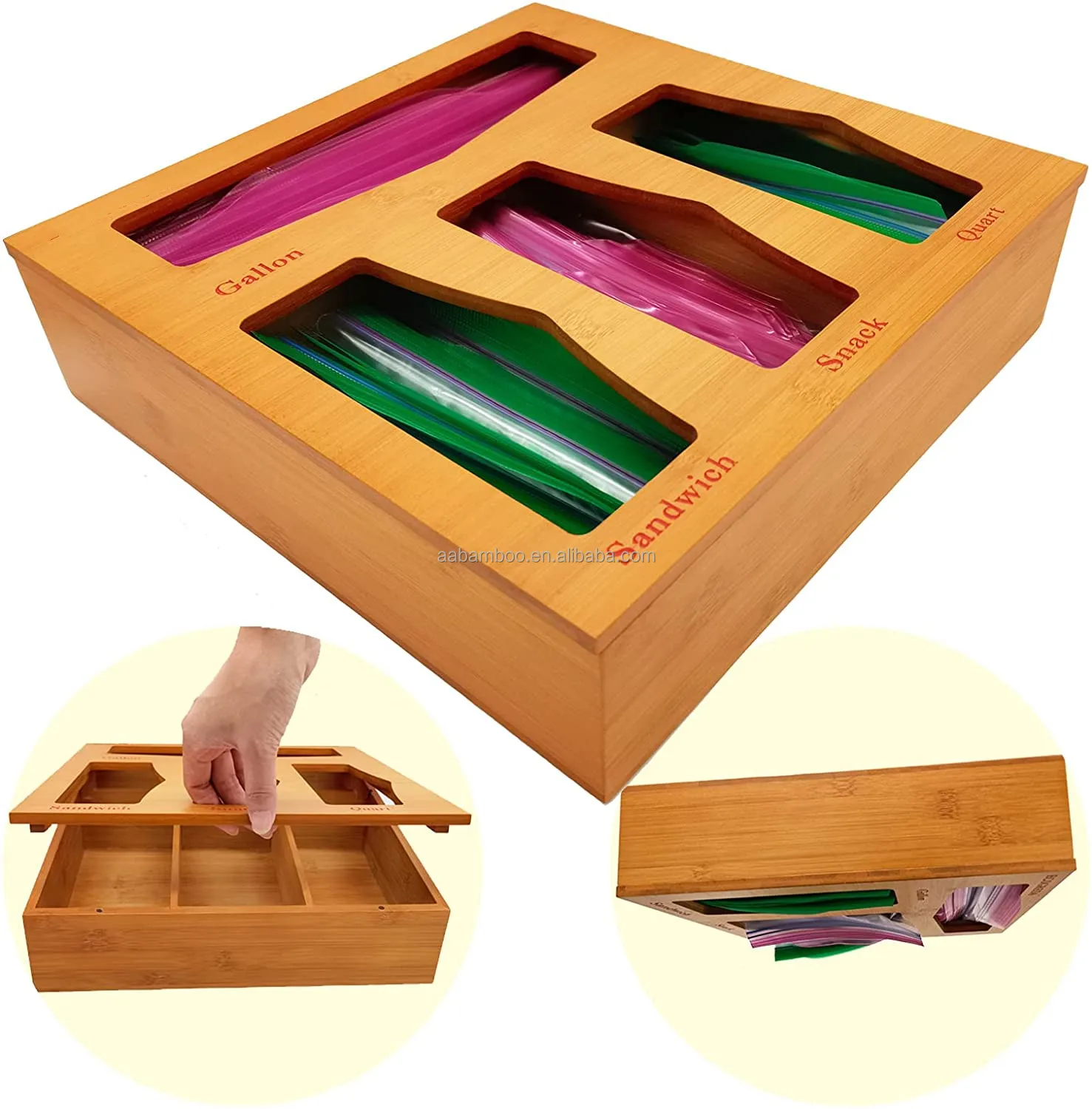Wood bamboo Ziplock Bag Storage Organizer and Dispenser