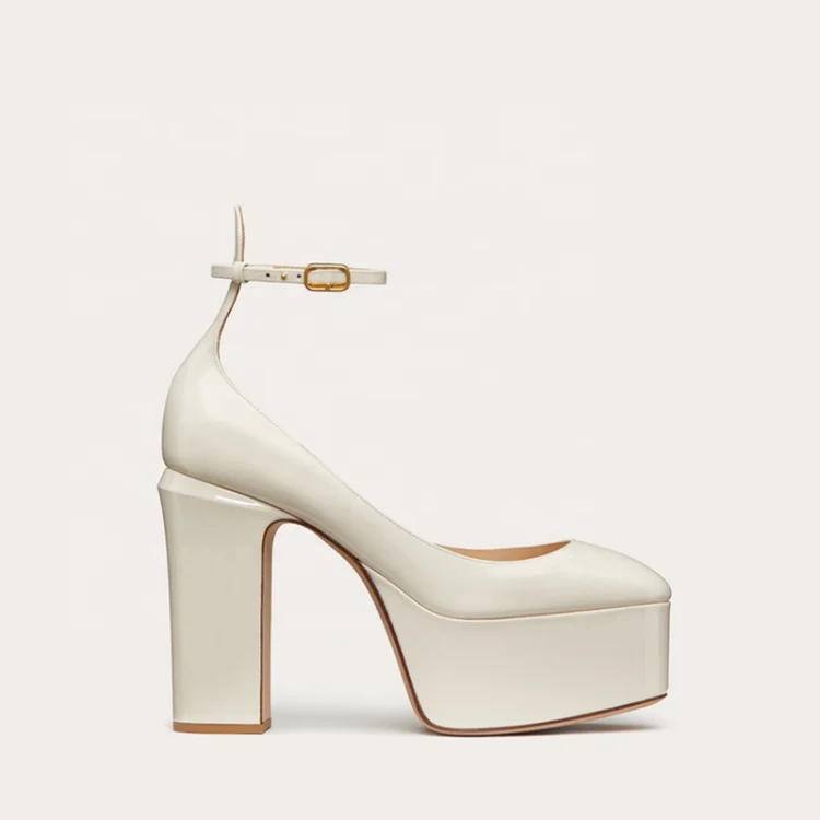 Custom Manufacturer New Design Ladies Square Toe Ankle Strap Shoes Pu Chunky Heel Customized Luxury Women Beige Platform Pumps