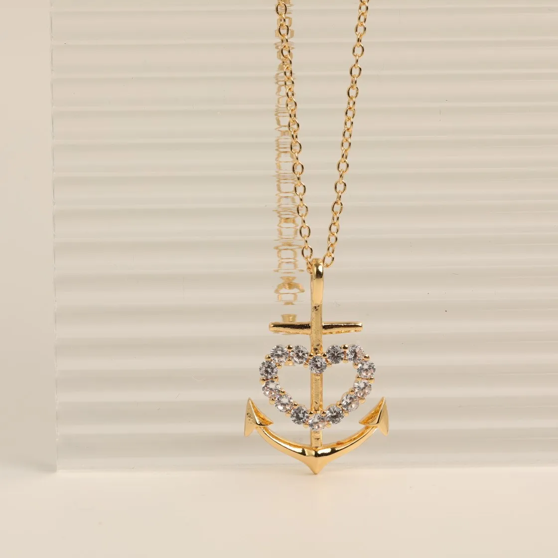 18K Stainless Steel Rhinestone Hollow Heart Anchor Charm Custom Fine Jewelry Necklace for Women