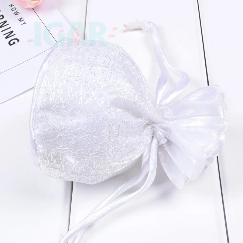 Festival white lace round bottom drawstring bags  Silk Brocade Jewelry Pouch Bag, Drawstring Coin Purse, Gift Bags