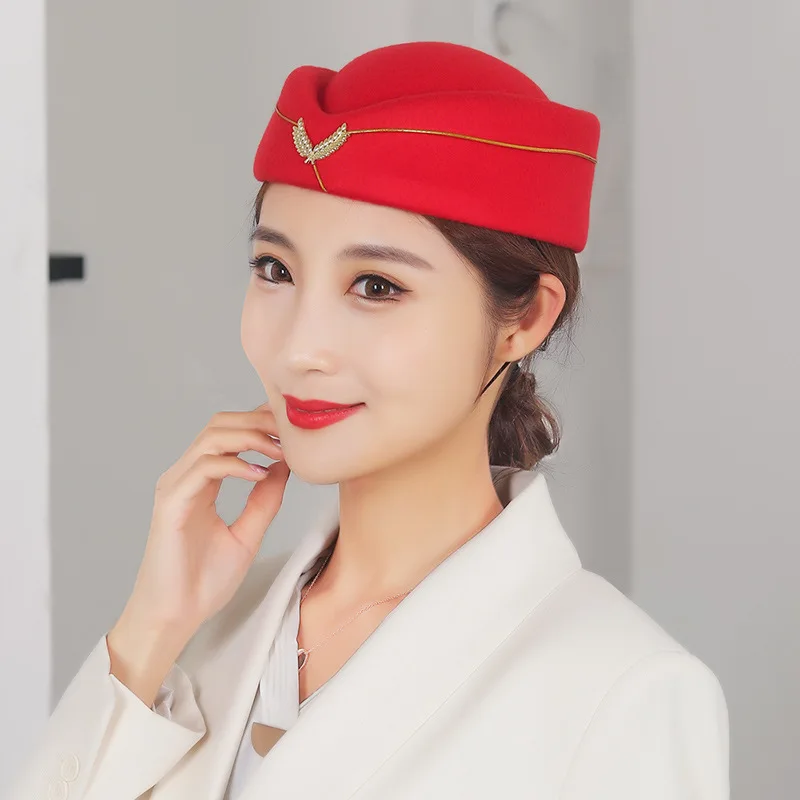 Wholesale Airline Stewardess Hat Fashion Girls Wool Beret Hat Women French Cap Cosplay Prop Stewardess Uniform