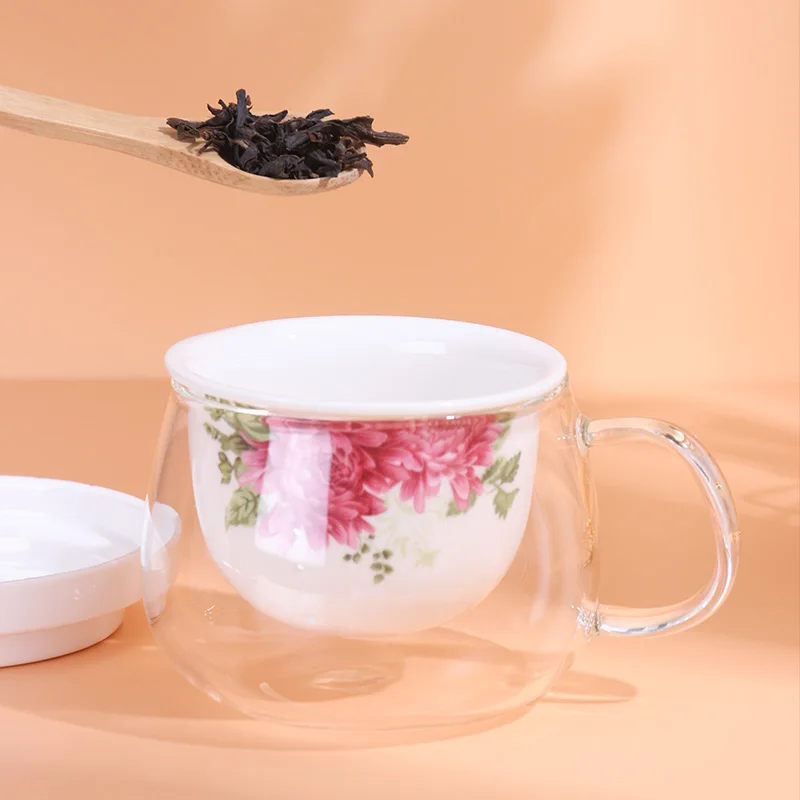 345CC High quality clear glass tea cups with ceramic lid with infuser