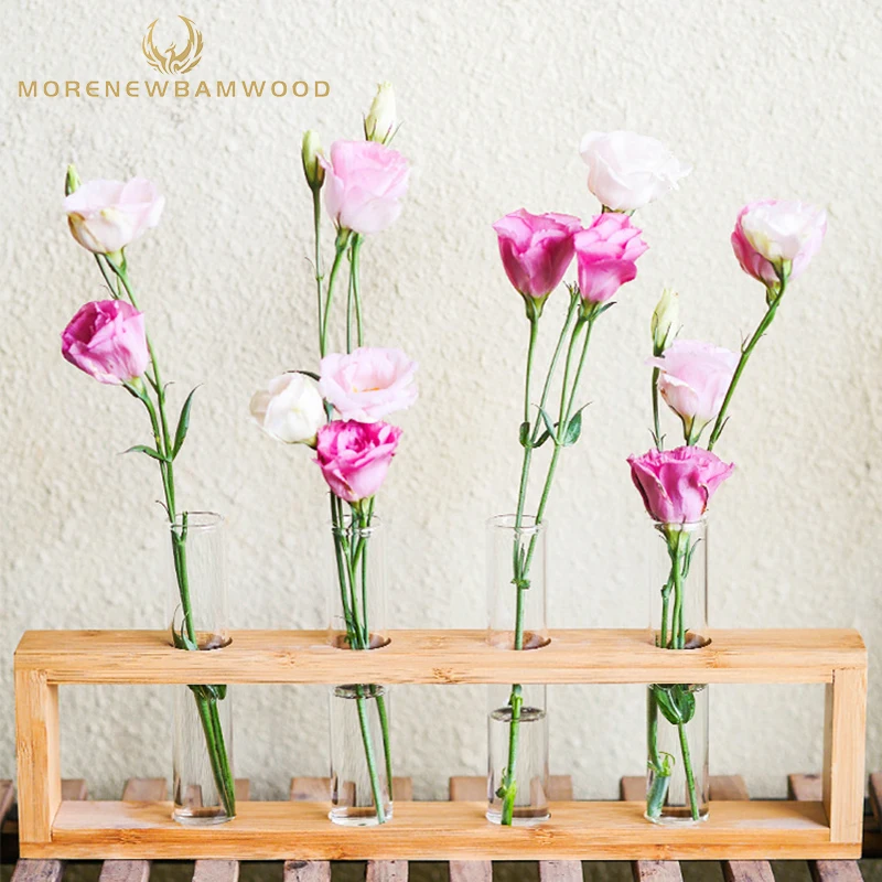 
Desktop flower glass tube vase with bamboo support, Living room office decorate, bamboo glass flower vase 
