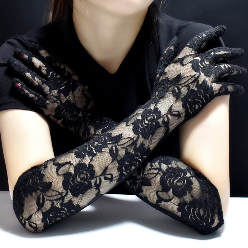 Womens Floral Sexy Lace Flower Gloves Long Opera Full Finger Sun Protection Female Nightclub Arm Costume Elbow Length Gloves