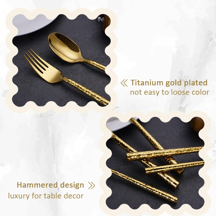 Heavy Silverware Wedding Stainless Steel 18/10 Titanium Plated Hammered Gold Cutlery Set