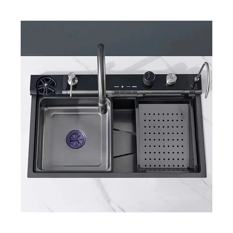 Multifunctional Nano 304 Single Bowl Stainless Steel Handmade Undermount Double Waterfall Faucet With LED Display Farmhouse Sink