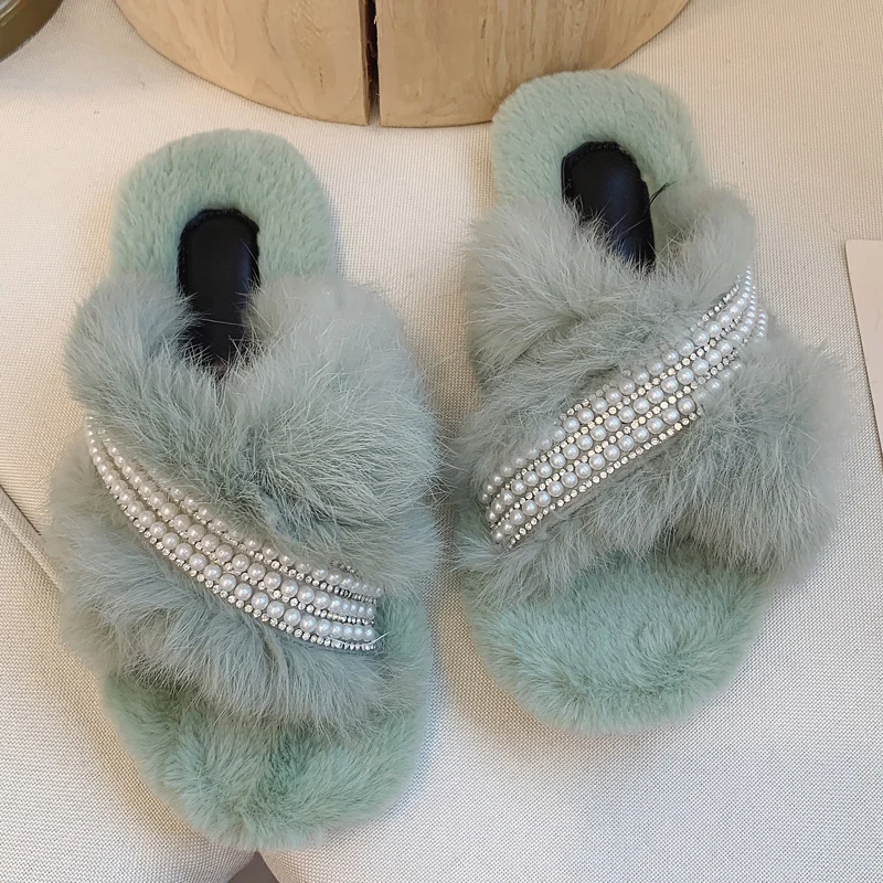 Pearl and  rhinestone flat fur slippers for women
