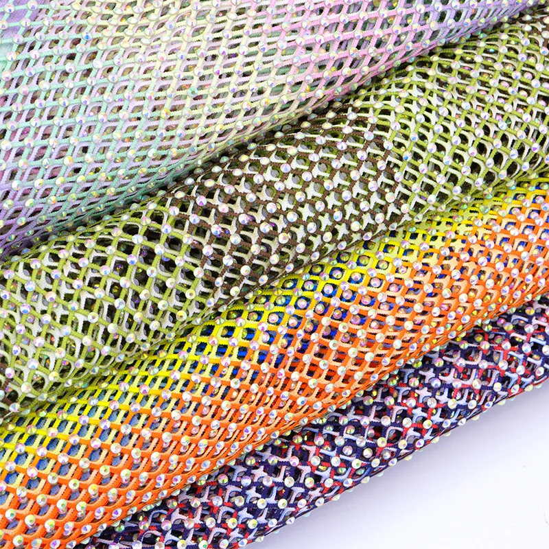 Fishnet Fabric with Shiny Crystal Rhinestones Soft Elastic Mesh Fabric Cuttable and Spliced Color Diamond Fabric