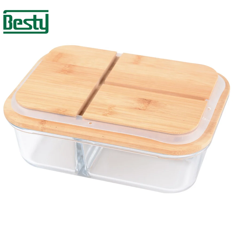 meal prep Bamboo Lid compartment Glass Food Storage container glass Lunch Box