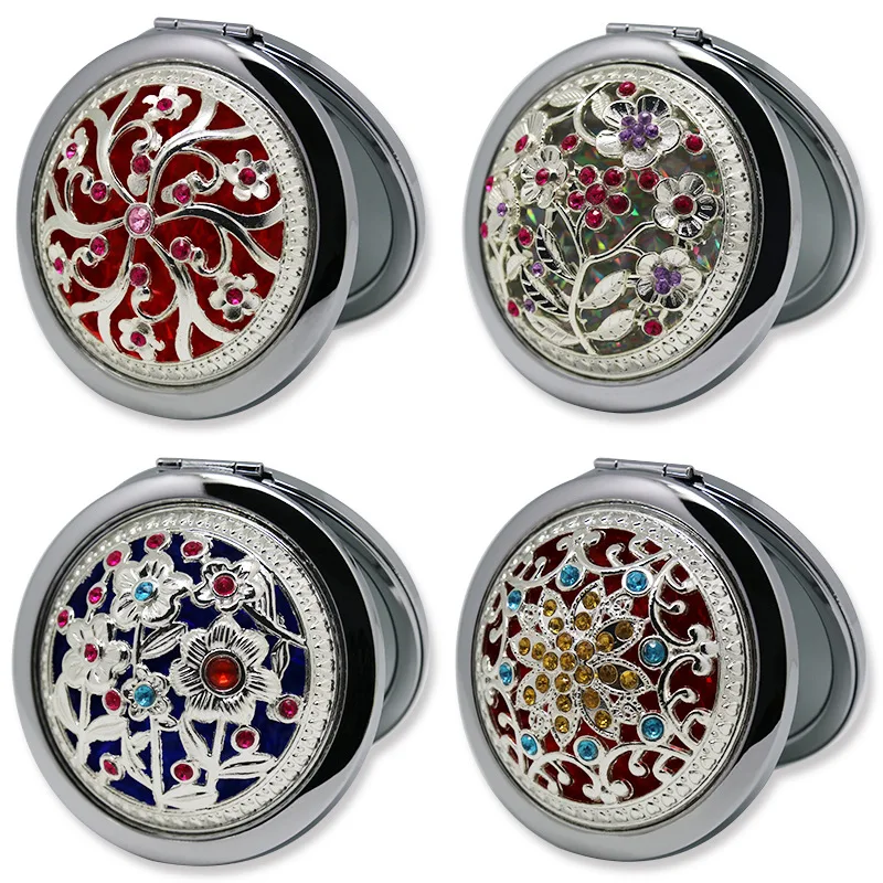 New Arrival Fashion Beauty Makeup Creative Cosmetic Mirror Vintage Gifts Gold Metal Crystal Rhinestones Jewel Pocket Mirror