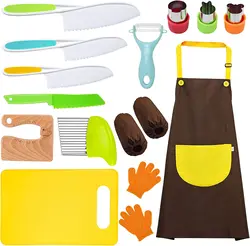 Customizable Kids cooking tool Set 14 Pcs Includes Kids Apron, Wood Kids Safe Plastic Toddler Knife, Cutting Board, Apron