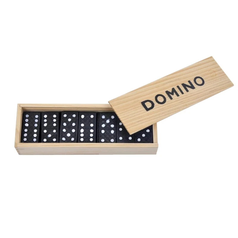 Amazon Hot Sale Wooden Black 28pcs Tile Dominoes Board Games Set in Box (1600261640039)