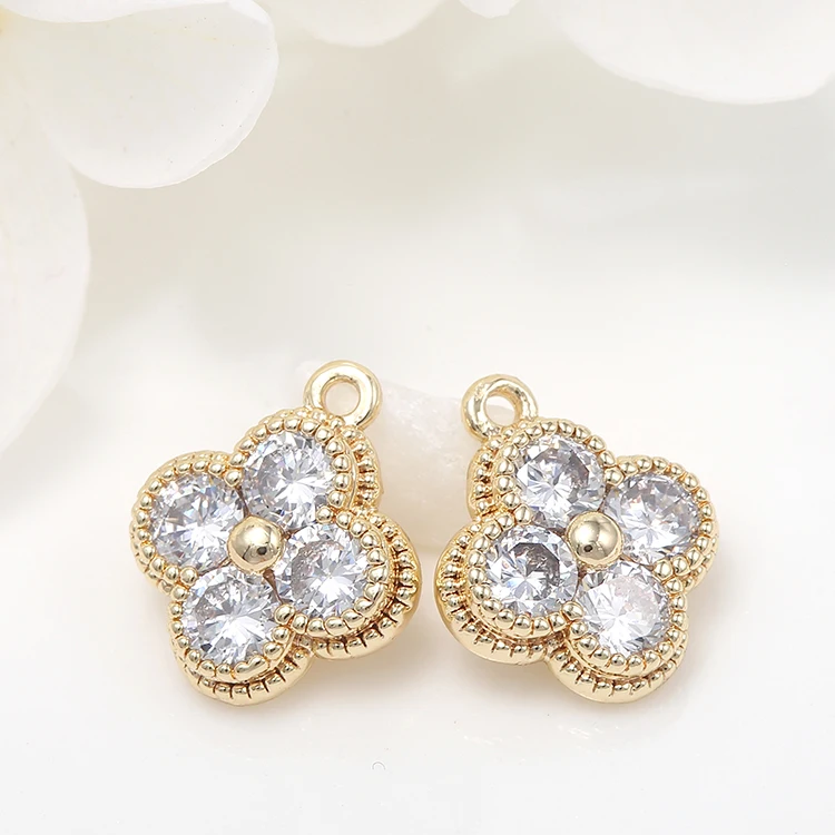 New Design 14K Gold Plated Inlaid Zircon Four Clover Shape Charm for Diy Jewelry
