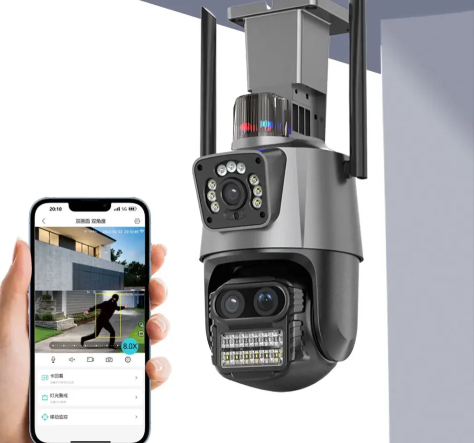 Icsee 9MP triple lens dashboard camera 8X zoom 360 AI PTZ CCTV camera colorful night vision 4K wifi outdoor camera