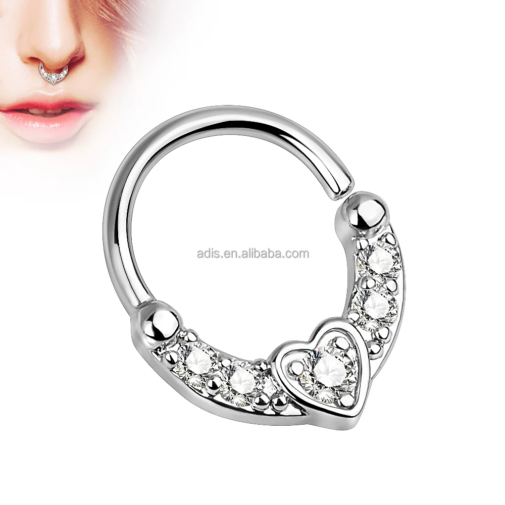 Fashion Glued Gem Surgical Piercing Jewelry Women Nose Ring Heart Shape Stainless Steel Septum Clicke Earring