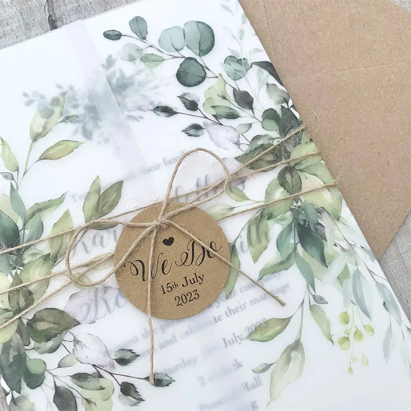 Fashion Custom Rustic Design Tracing Paper Wedding Invitation Cards Cover Elegant Vellum Jacket